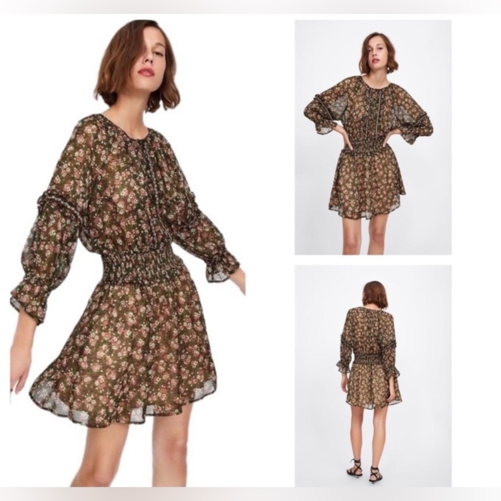 Zara Smocked Floral Dress Green Pink Boho‎ Size Medium